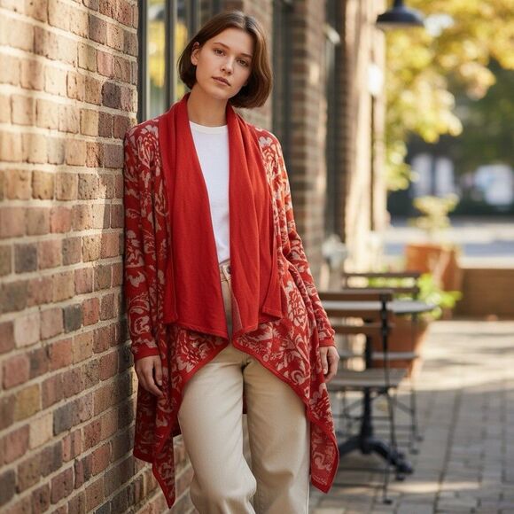 KATE & MALLORY XLARGE Jacquard Cardigan Sweater & Knit Tunic SET Orange Beige - Picture 9 of 13